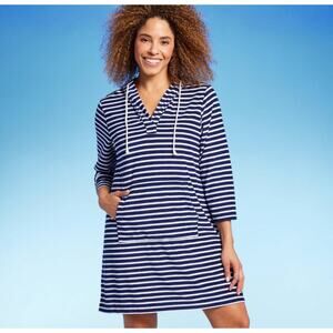 Lands end tripped V neck terry hooded swim cover up
